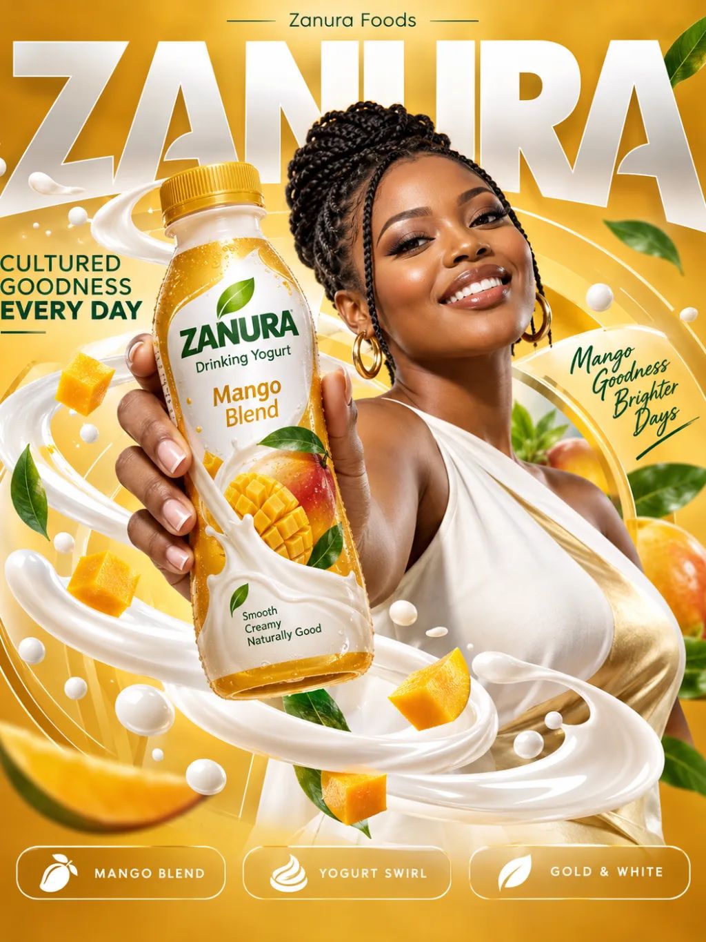 Zanura Mango Drinking Yogurt Poster — Graphic & Editorial Design AI image prompt example generated with ChatGPT (commercial poster, beverage advertising)