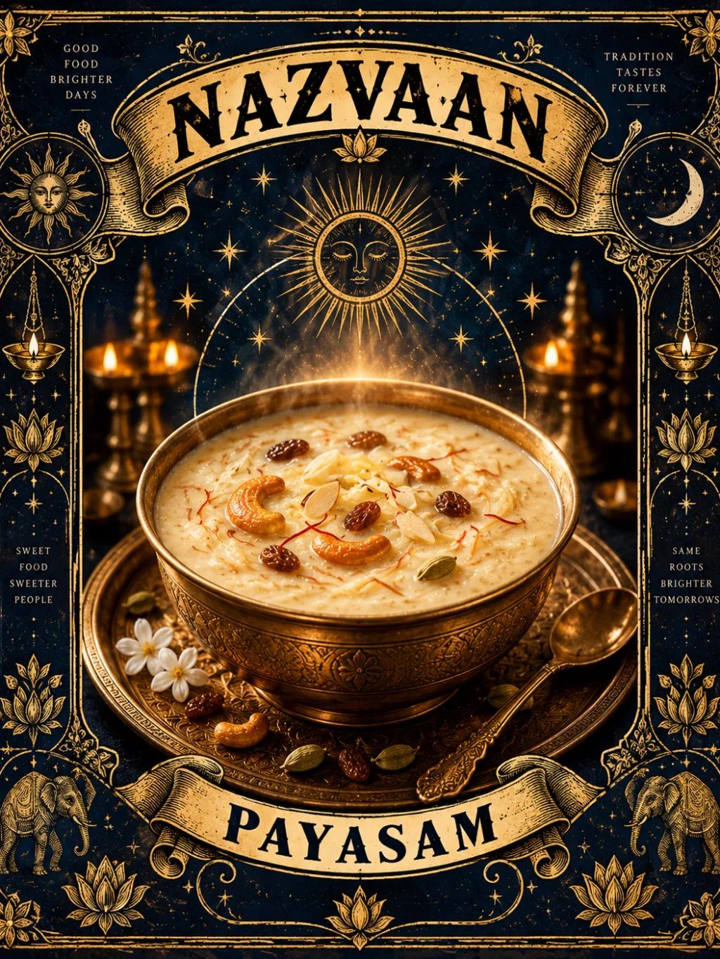 Mystical Payasam Tarot Poster — Food & Culinary AI image prompt example generated with ChatGPT (tarot card, poster)