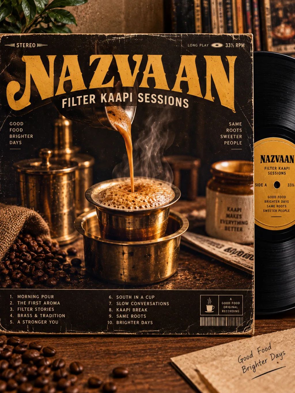 Filter Kaapi Vinyl Cover — Food & Culinary AI image prompt example generated with ChatGPT (vinyl record, album cover)