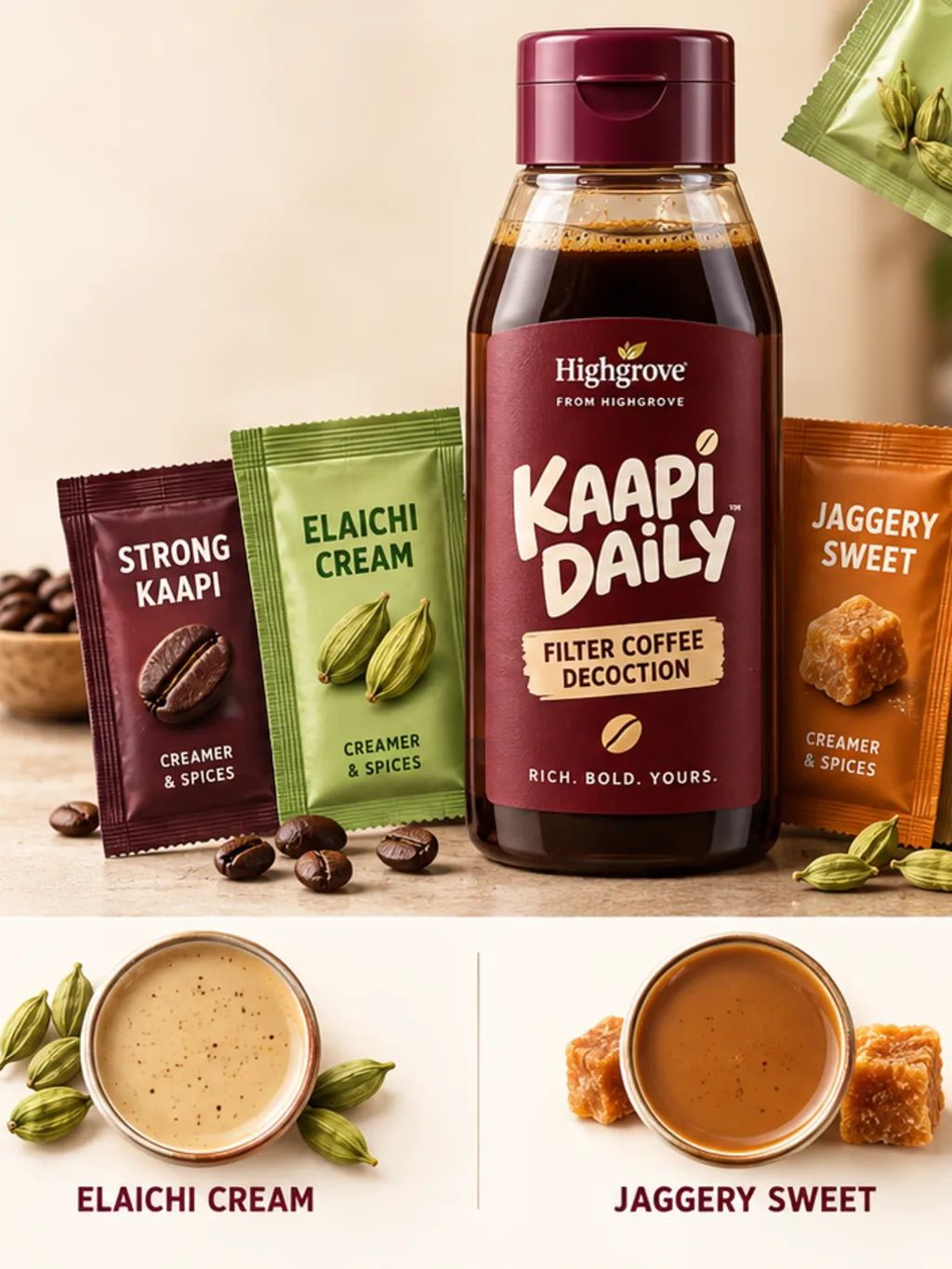 Kaapi Daily Concept Card — Graphic & Editorial Design AI image prompt example generated with ChatGPT (fmcg, beverage)