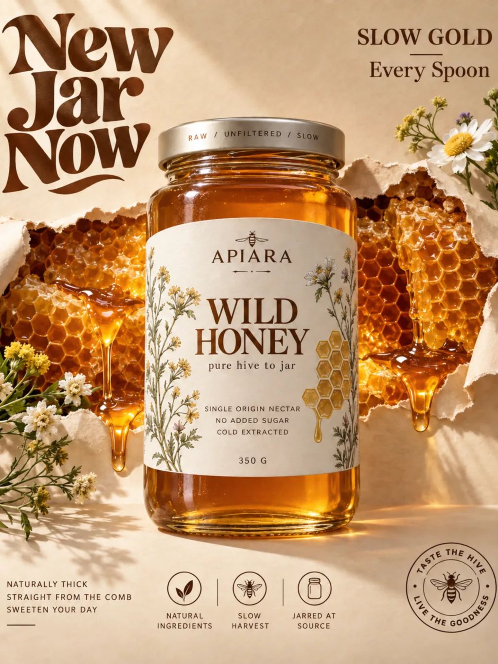 APIARA Raw Honey Poster — Food & Culinary AI image prompt example generated with ChatGPT (honey, poster)