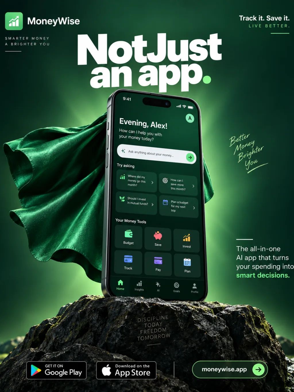 MoneyWise App Ad — Graphic Design AI image prompt example generated with ChatGPT (advertising, ui design)
