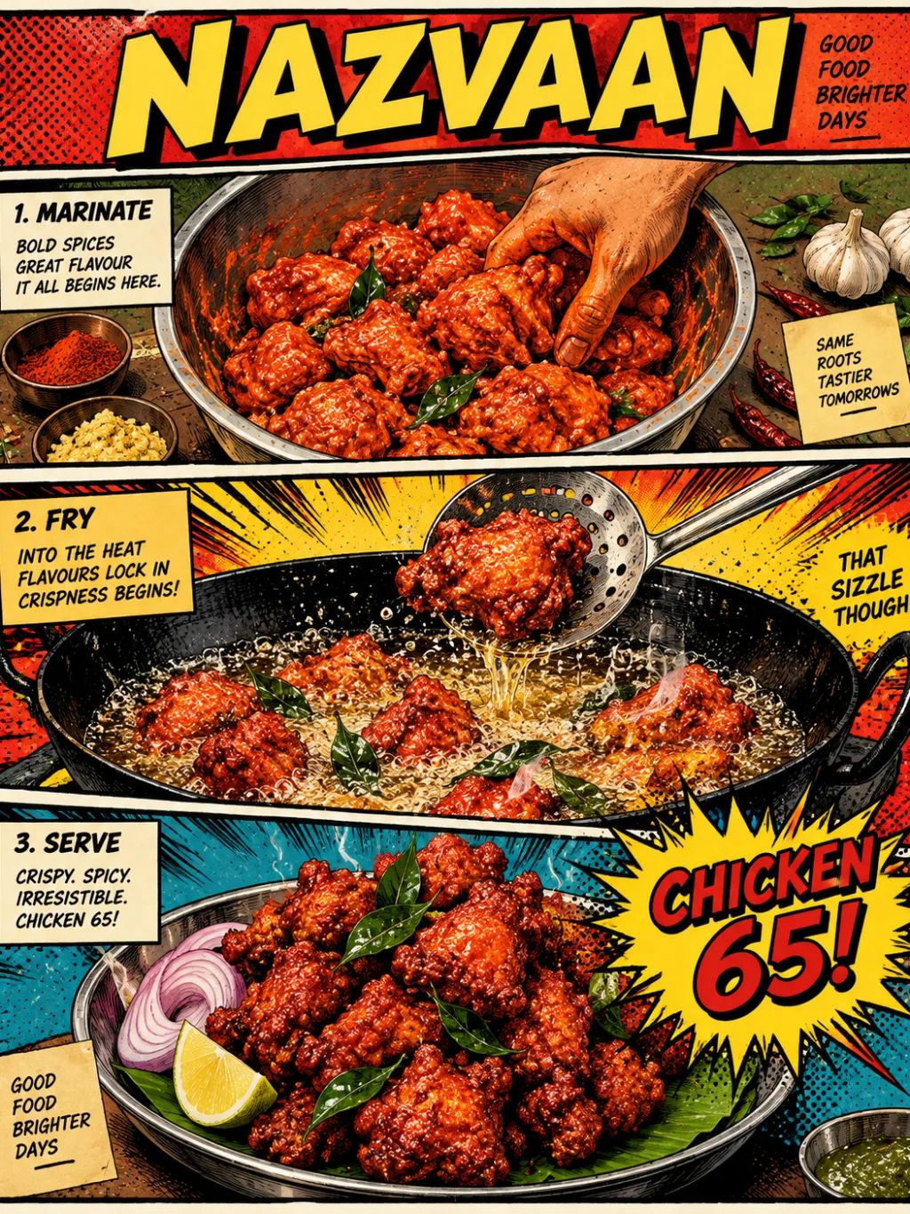 Comic Book Chicken 65 Poster — Food & Culinary AI image prompt example generated with ChatGPT (chicken 65, comic book)