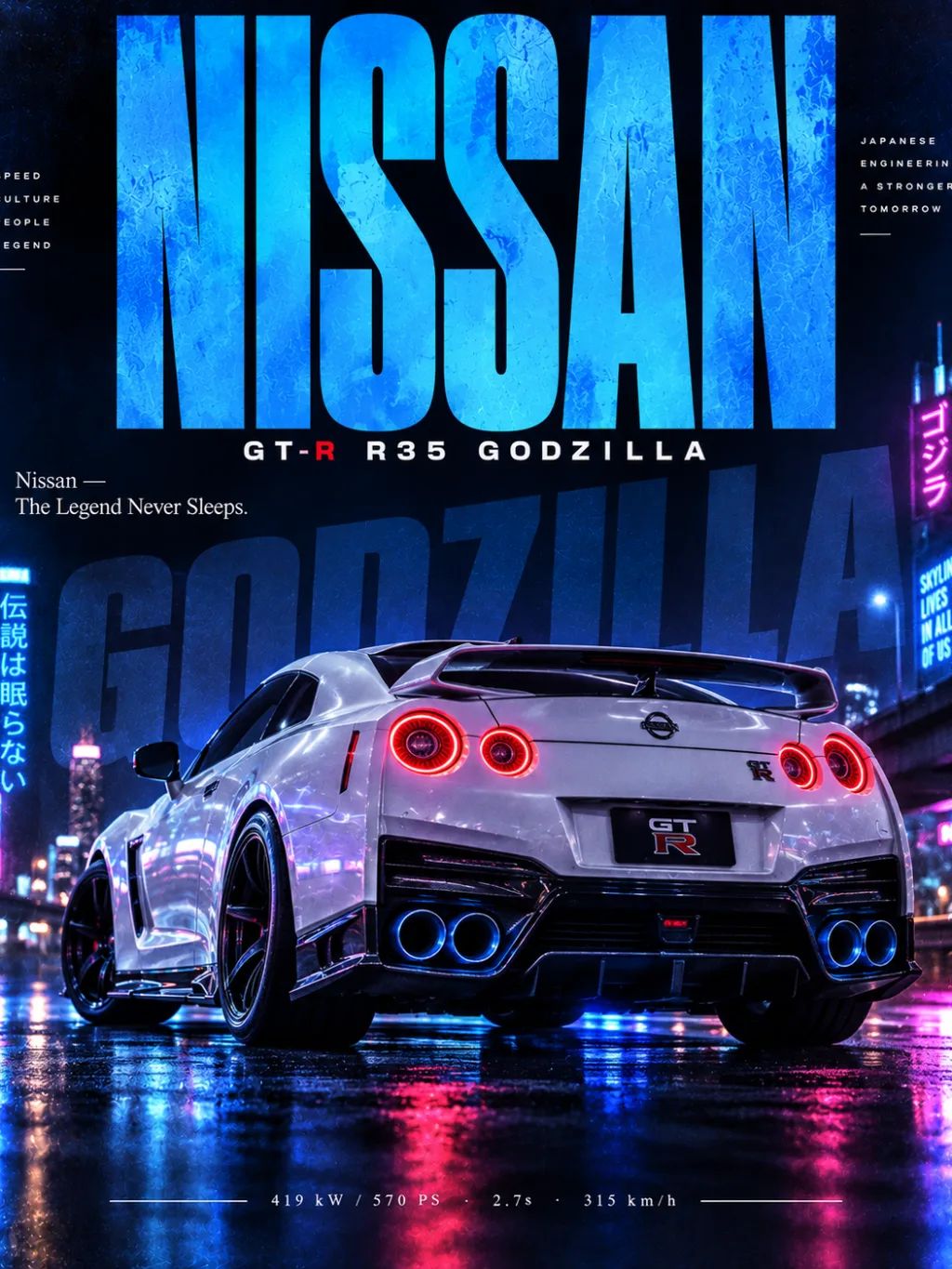 Nissan GT-R R35 — Night Neon Underlight — Automotive products AI image prompt example generated with ChatGPT (automotive, poster)
