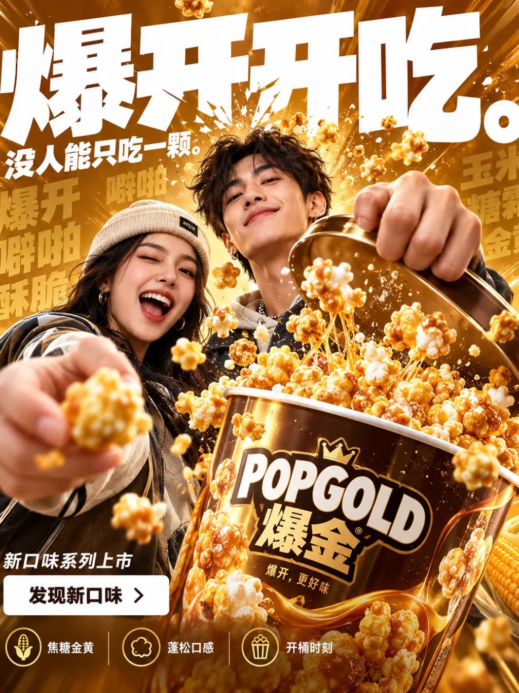Popcorn FMCG Campaign Poster — Graphic & Editorial Design AI image prompt example generated with ChatGPT (fmcg, popcorn)