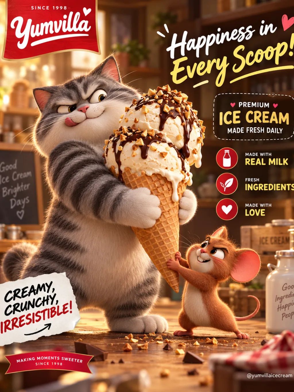 Yumvilla Ice Cream Poster — Graphic & Editorial Design AI image prompt example generated with ChatGPT (3d animation, ice cream)