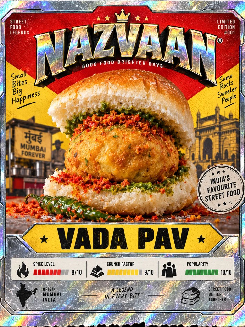 Collectible Vada Pav Trading Card — Food & Culinary AI image prompt example generated with ChatGPT (trading card, vada pav)