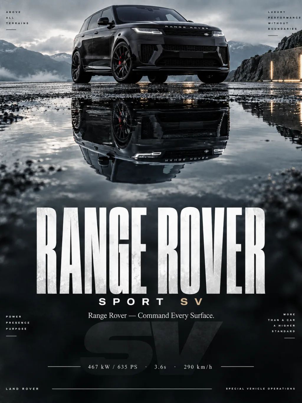 Range Rover Reflection Poster — Automotive products AI image prompt example generated with ChatGPT (range rover, luxury car)