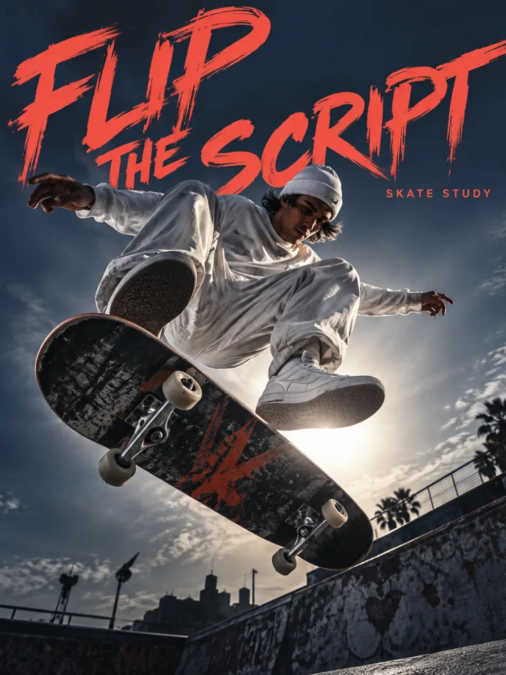 Skateboarder Poster Design — Graphic & Editorial Design AI image prompt example generated with ChatGPT (skateboarder, kickflip)