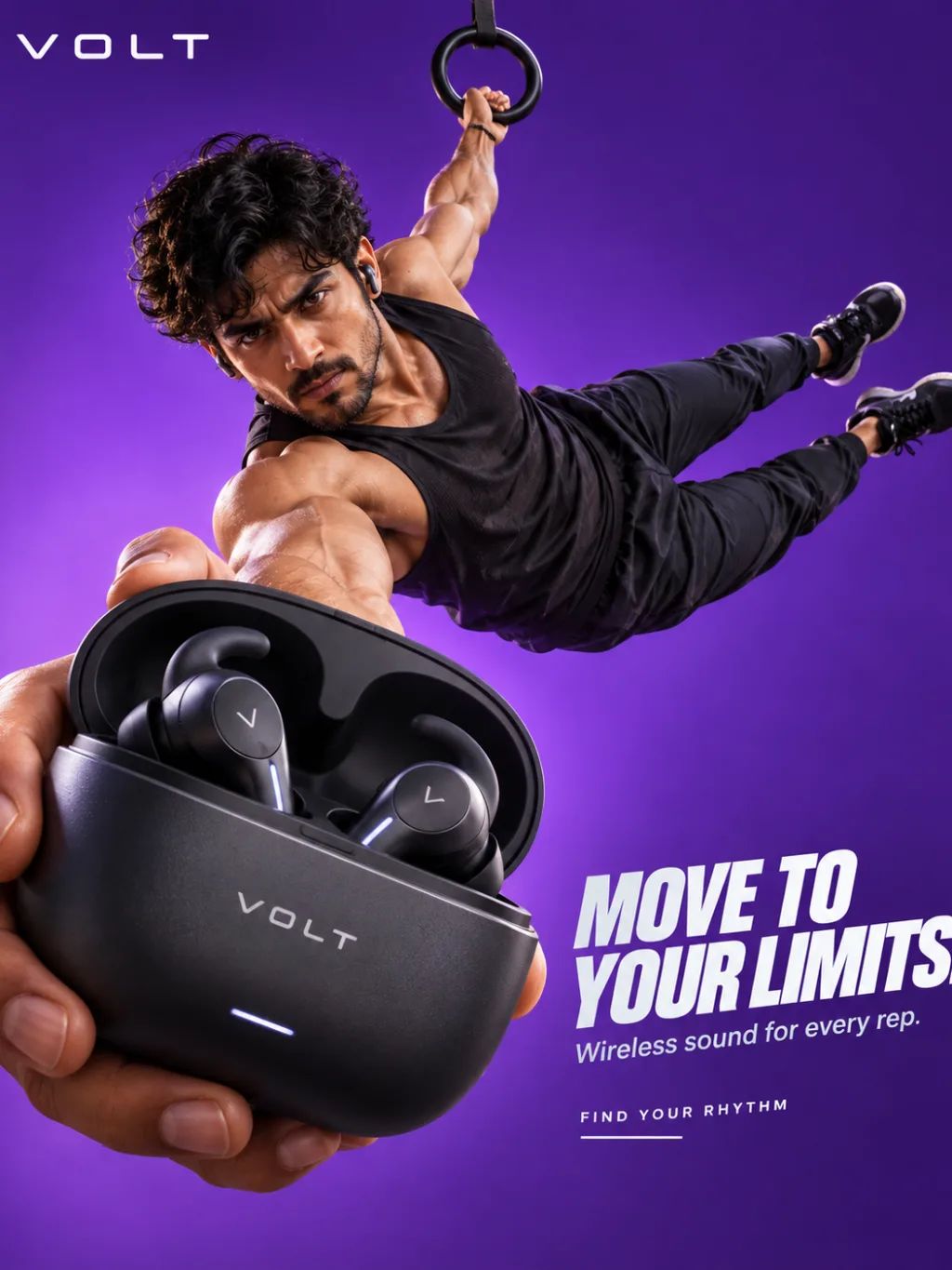 VOLT Wireless Sports Earbuds Poster — Graphic Design AI image prompt example generated with ChatGPT (earbuds, sports advertisement)