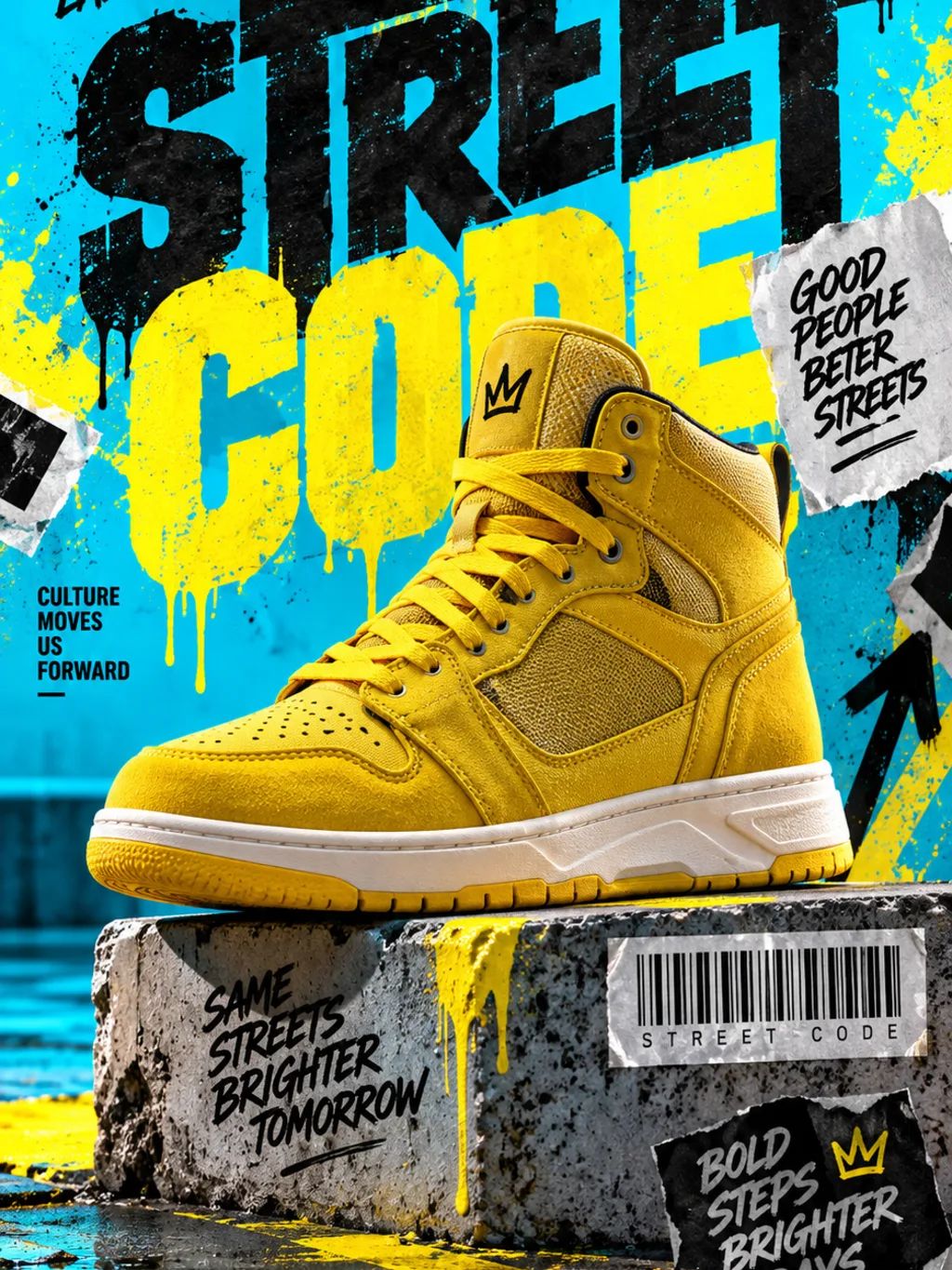 Street Code Footwear Poster — Graphic Design AI image prompt example generated with ChatGPT (streetwear, sneaker)