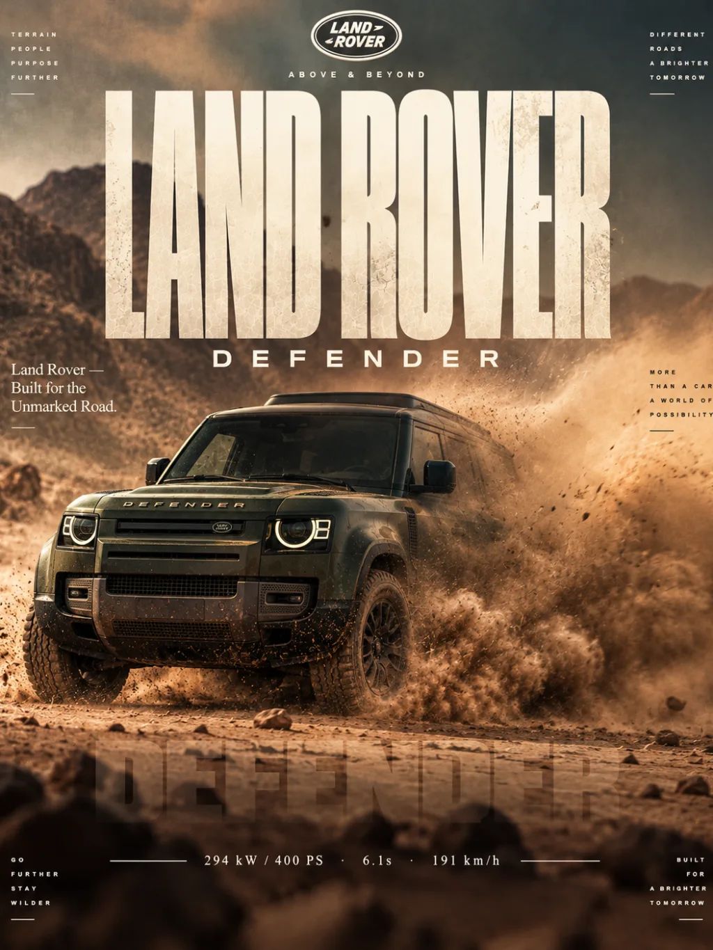 Land Rover Defender Desert Poster — Automotive products AI image prompt example generated with ChatGPT (land rover, defender)