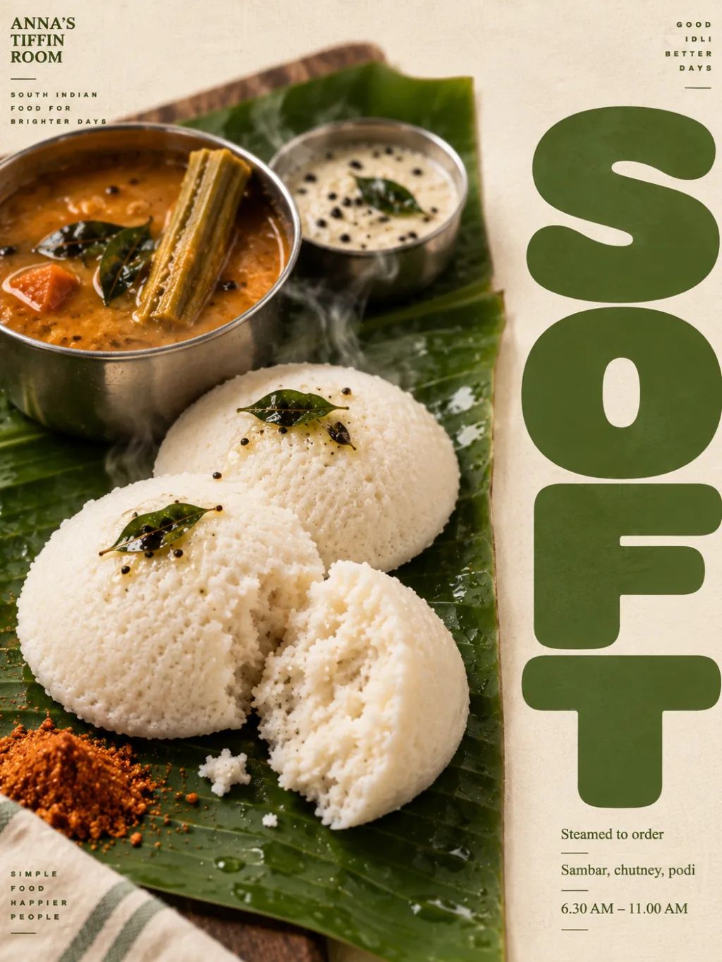 Soft Idli Poster Design — Food & Culinary AI image prompt example generated with ChatGPT (food editorial, idli)