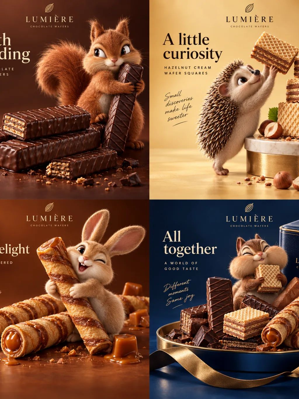 Lumière Luxury Wafer Campaign — Graphic Design AI image prompt example generated with ChatGPT (chocolate wafers, commercial poster)