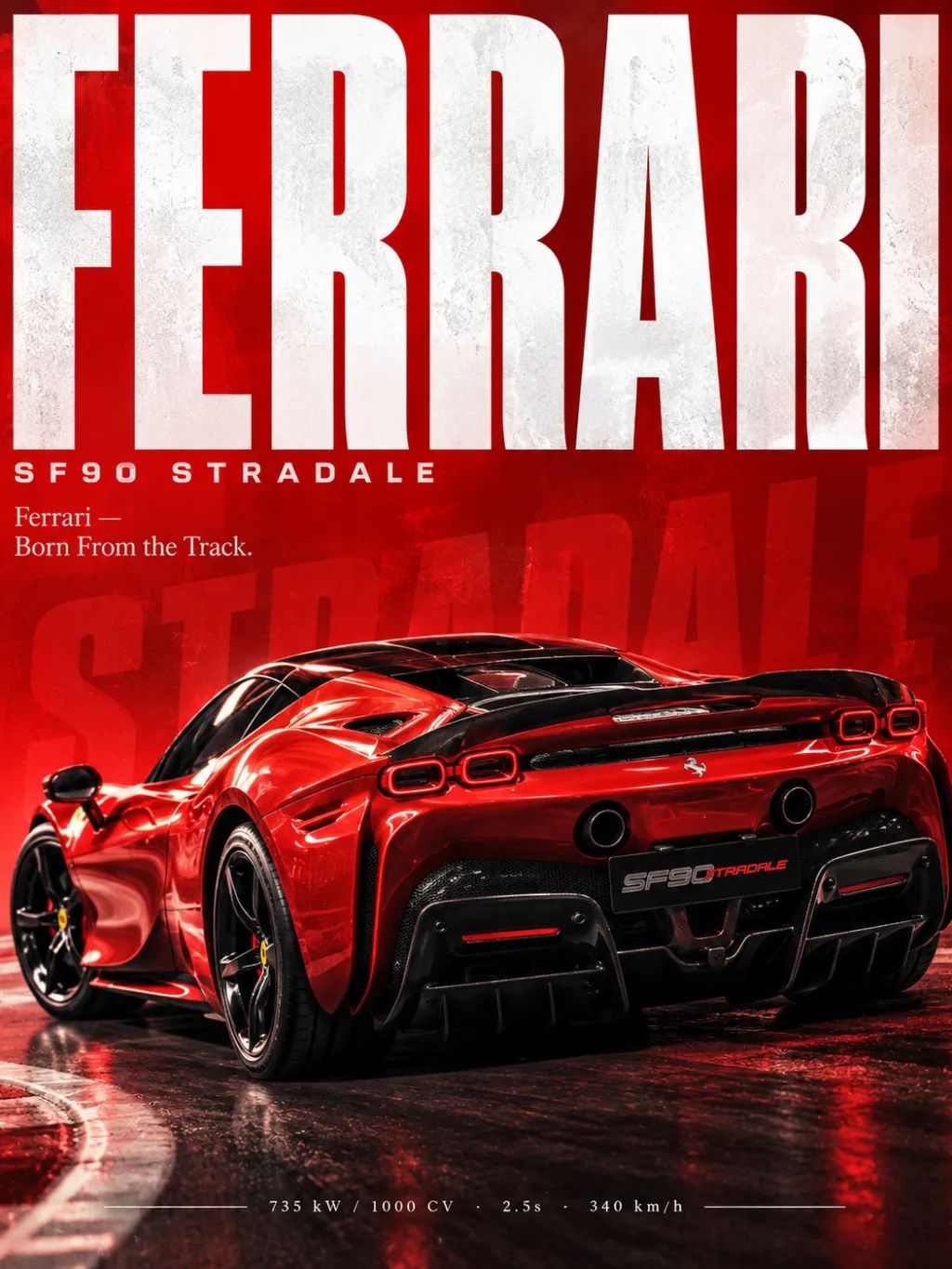 Ferrari SF90 Stradale — Rear Elevated Drift — Automotive products AI image prompt example generated with ChatGPT (automotive, poster)