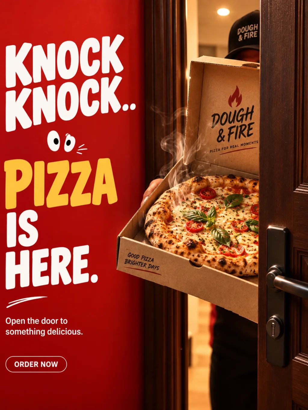 Dough and Fire Commercial Poster — Graphic Design AI image prompt example generated with ChatGPT (advertising, poster)