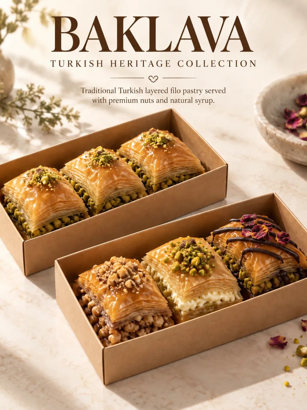 Turkish Baklava Editorial Poster — Food & Culinary AI image prompt example generated with ChatGPT (baklava, food photography)