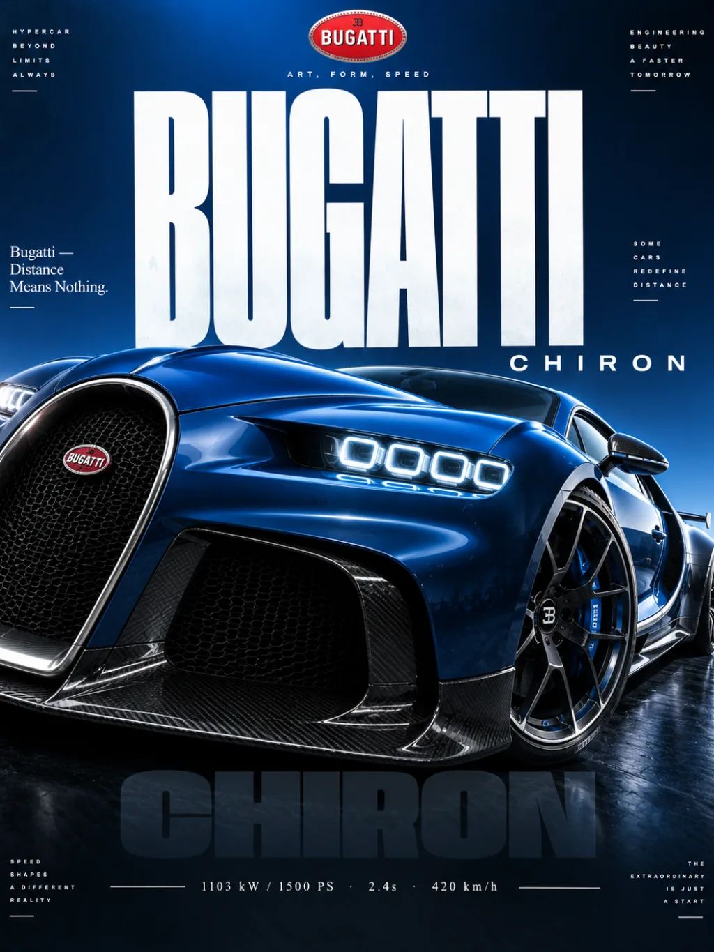 Bugatti Chiron Perspective Poster — Automotive products AI image prompt example generated with ChatGPT (bugatti, poster)