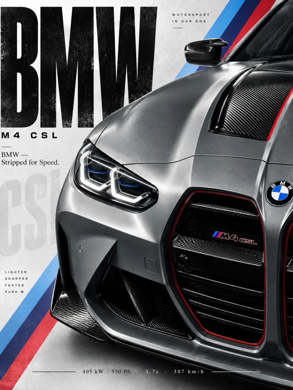 BMW M4 CSL — Extreme Close-Up Detail — Automotive products AI image prompt example generated with ChatGPT (automotive, poster)