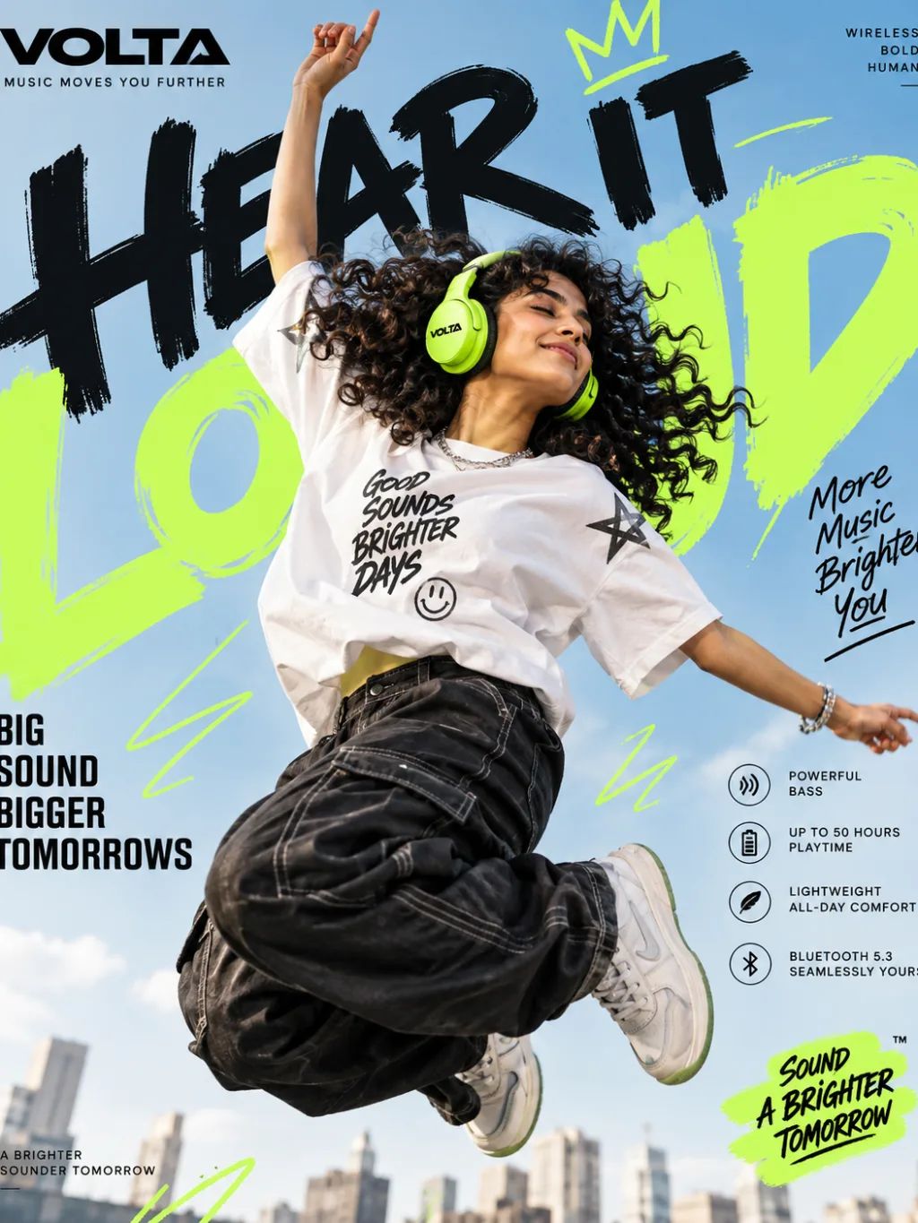 VOLTA Headphones Advertisement — Graphic & Editorial Design AI image prompt example generated with ChatGPT (poster, headphones)