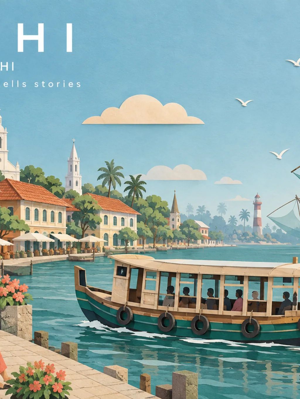 Kochi Paper Collage Travel Poster — Vector Art AI image prompt example generated with ChatGPT (kochi, travel poster)