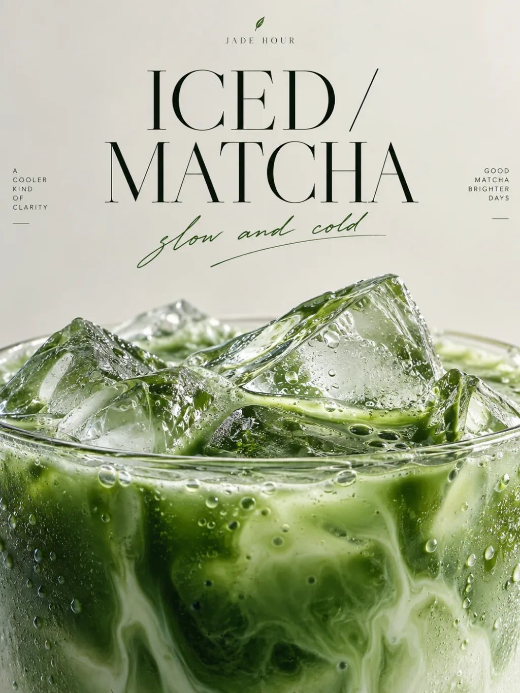 Iced Matcha Editorial Poster — Graphic Design AI image prompt example generated with ChatGPT (matcha, poster design)