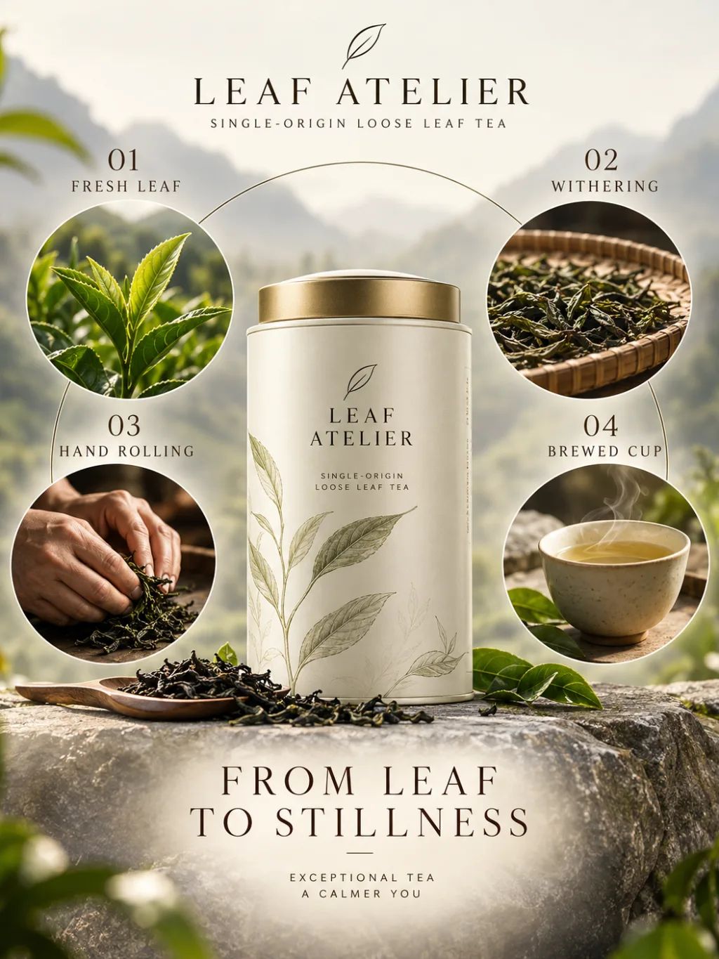 Tea Journey Poster — Graphic Design AI image prompt example generated with ChatGPT (loose leaf tea, advertising poster)