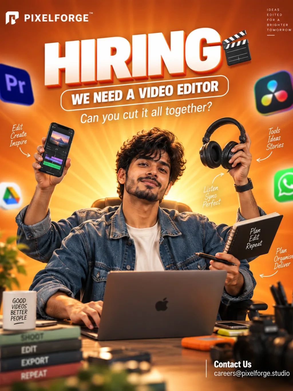 PixelForge Hiring Graphic — Graphic & Editorial Design AI image prompt example generated with ChatGPT (recruitment, poster)