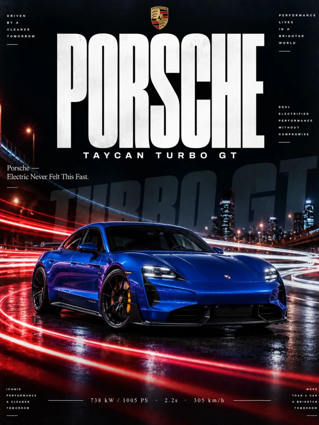 Porsche Taycan Light Trails Poster — Automotive products AI image prompt example generated with ChatGPT (porsche taycan, poster)