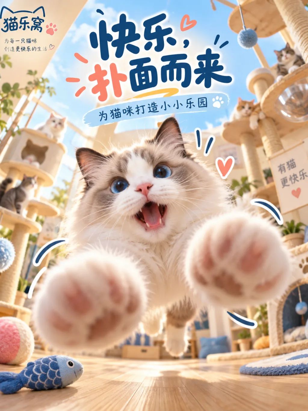 Playful Ragdoll Cat Poster — Graphic Design AI image prompt example generated with ChatGPT (e-commerce poster, ragdoll cat)
