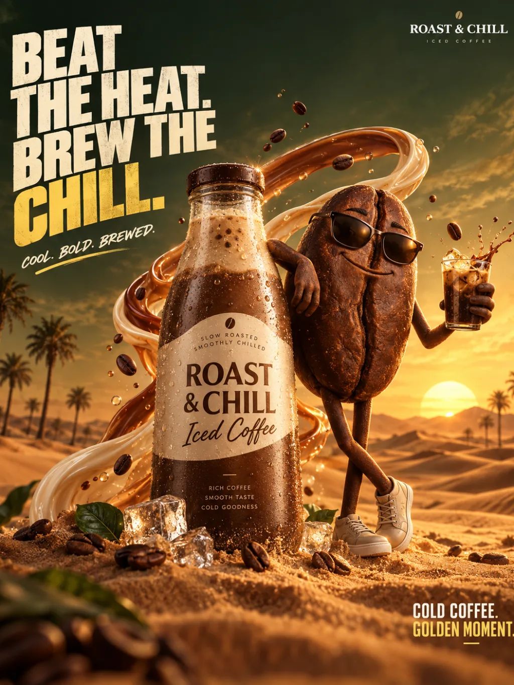 Roast & Chill Iced Coffee Campaign — Graphic & Editorial Design AI image prompt example generated with ChatGPT (iced coffee, beverage commercial)