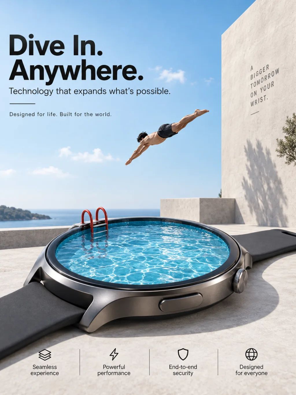 Minimalist Smartwatch Pool Poster — Graphic Design AI image prompt example generated with ChatGPT (surrealism, minimalist)