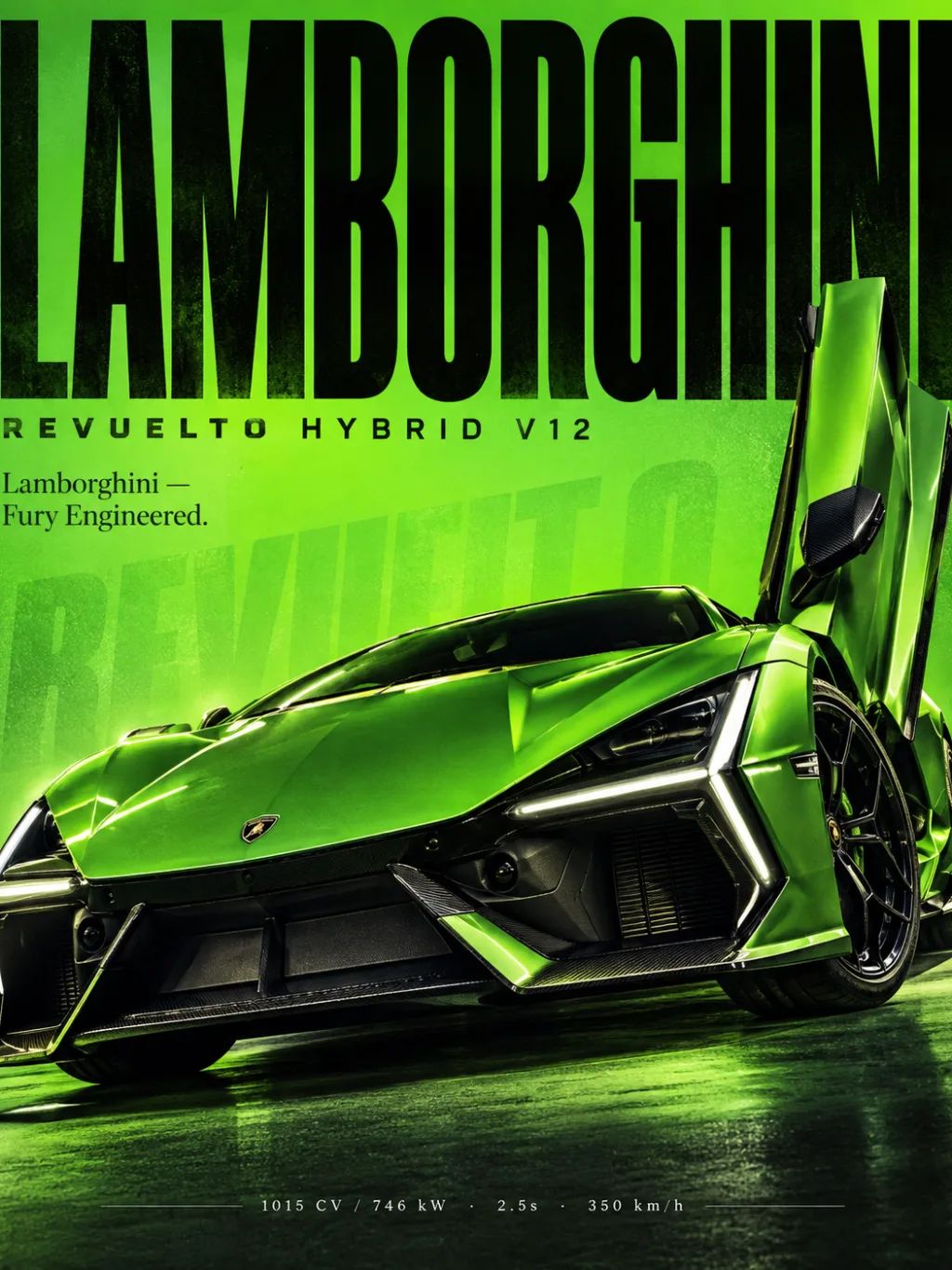 Lamborghini Revuelto — Low Hero Angle — Automotive products AI image prompt example generated with ChatGPT (automotive, poster)