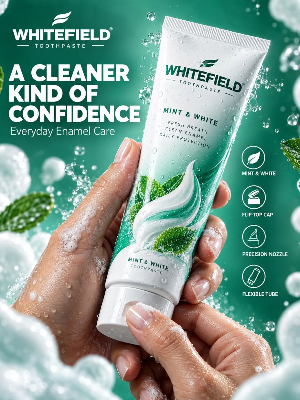 Whitefield Toothpaste Campaign — Graphic & Editorial Design AI image prompt example generated with ChatGPT (toothpaste, advertisement)