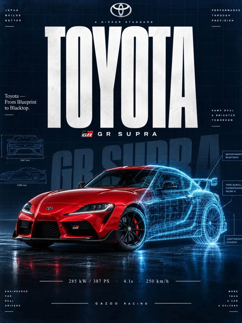 Blueprint to Blacktop Supra — Automotive products AI image prompt example generated with ChatGPT (car, wireframe)