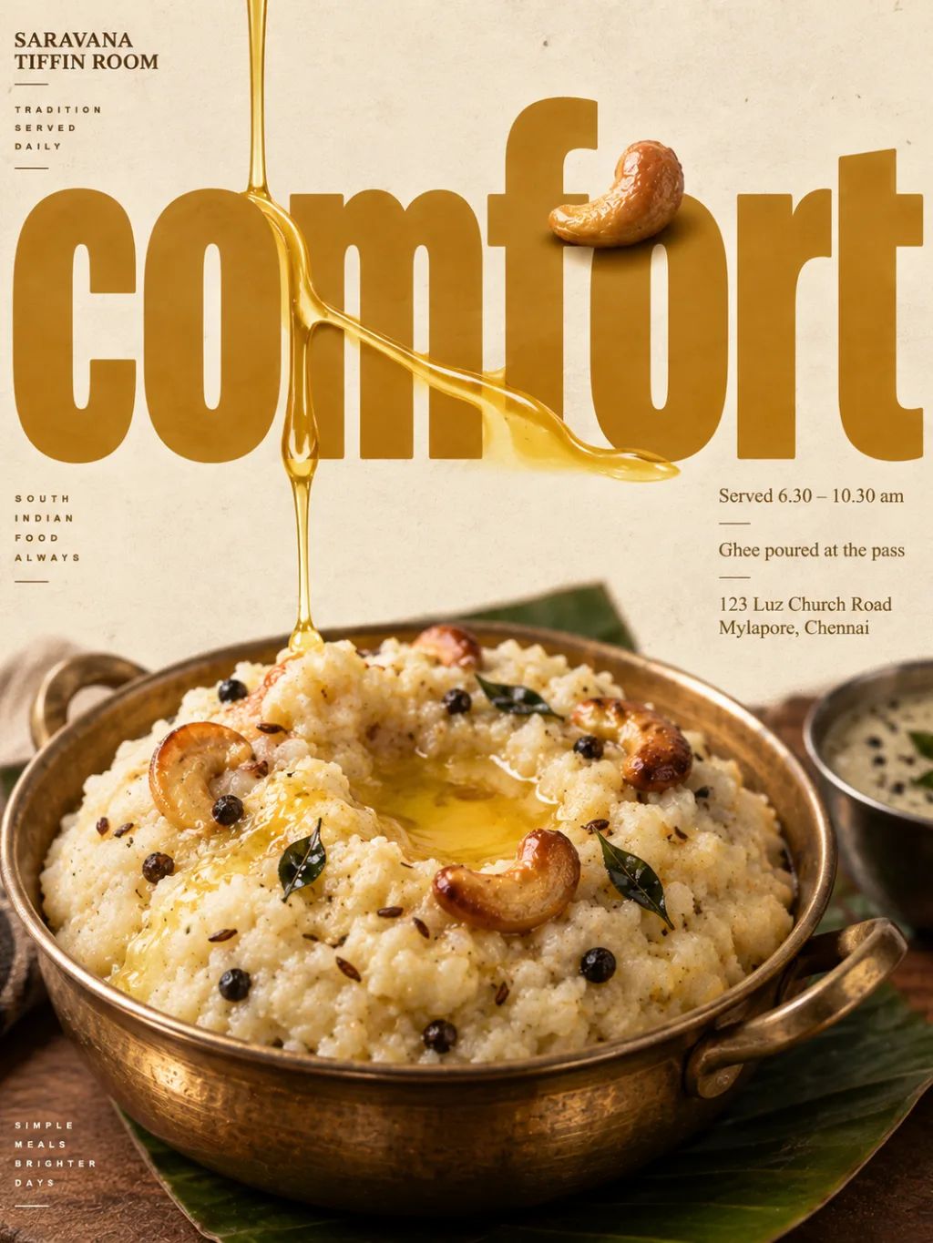 Ven Pongal Editorial Poster — Food & Culinary AI image prompt example generated with ChatGPT (food photography, ven pongal)