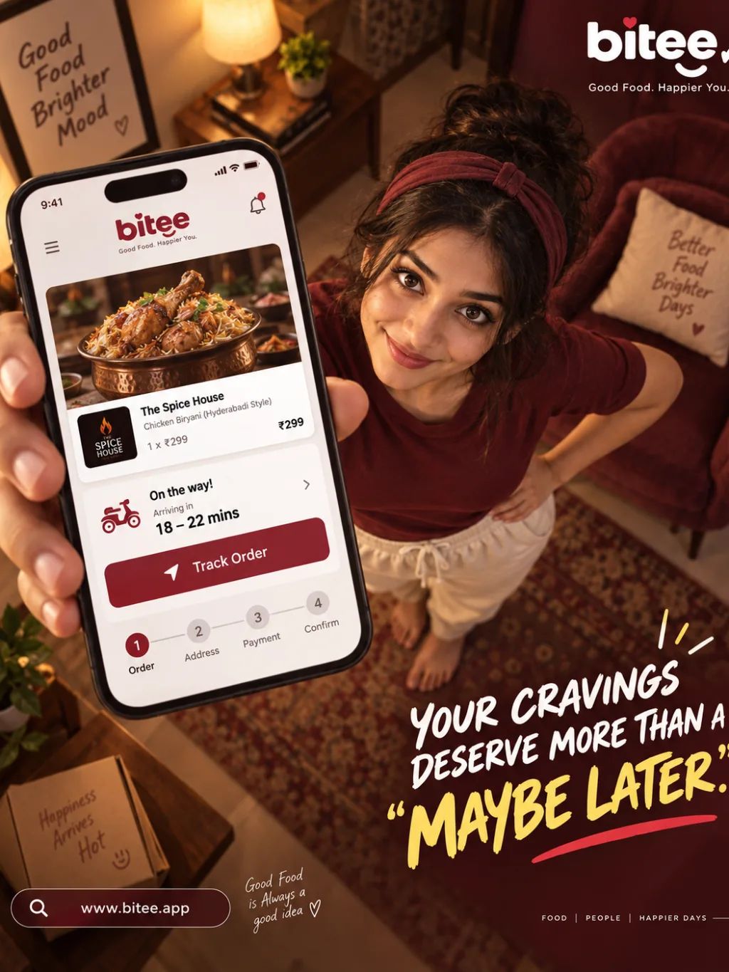 Food Delivery App Advert — Graphic Design AI image prompt example generated with ChatGPT (overhead angle, smartphone screen)