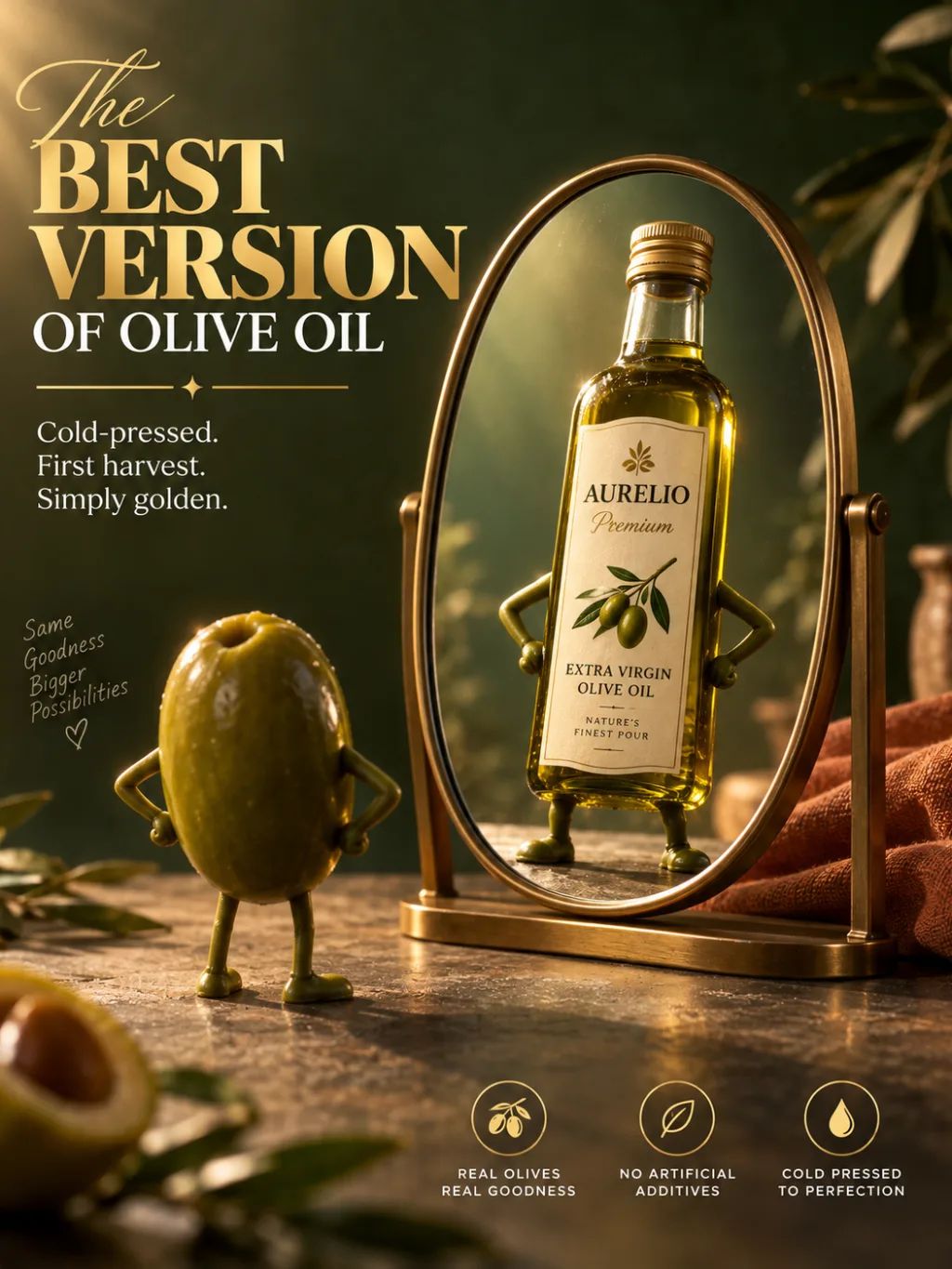 Best Version Product Ad Olive oil — Editorial AI image prompt example generated with ChatGPT (product advertisement, mockup template)