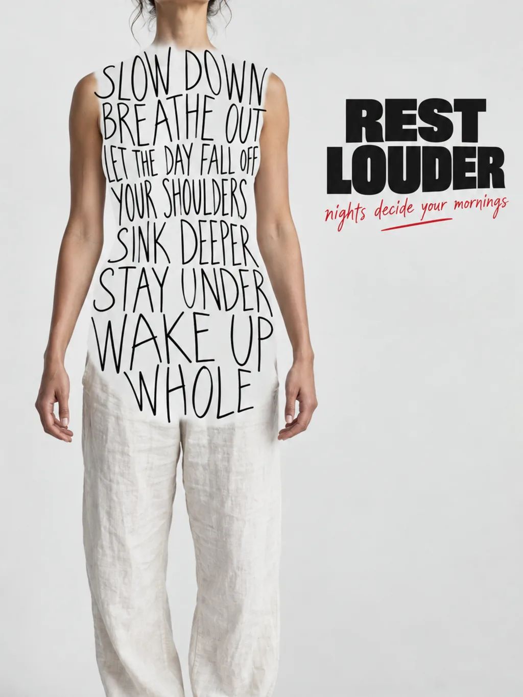 Rest Louder Typographic Poster — Editorial AI image prompt example generated with ChatGPT (hand-lettering, typographic silhouette)
