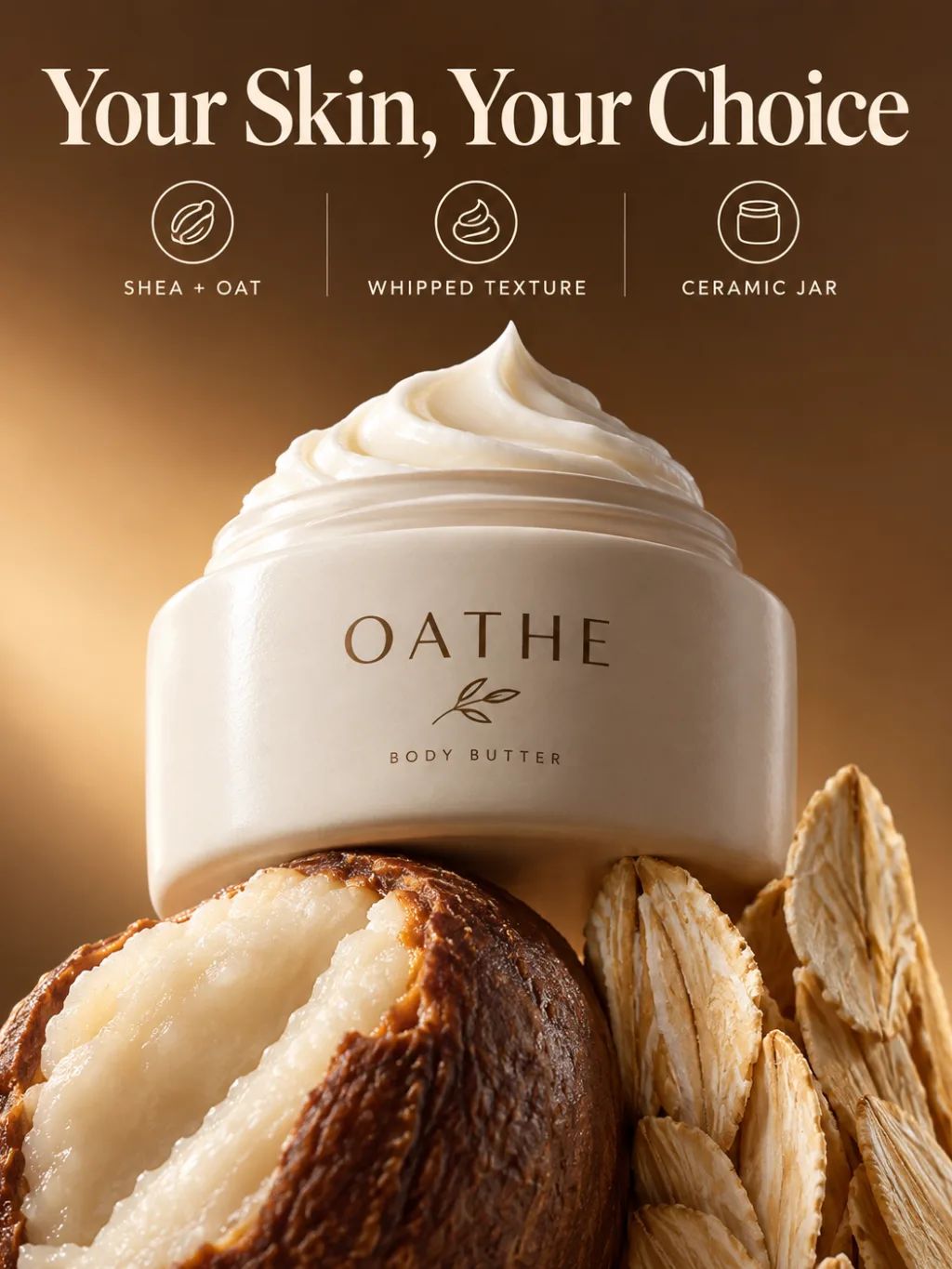 Shea and Oat Body Cream — Graphic & Editorial Design AI image prompt example generated with ChatGPT (macro photography, skincare)