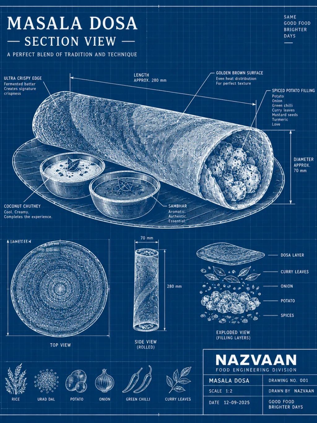 Masala Dosa Architectural Blueprint — Food & Culinary AI image prompt example generated with ChatGPT (blueprint, dosa)
