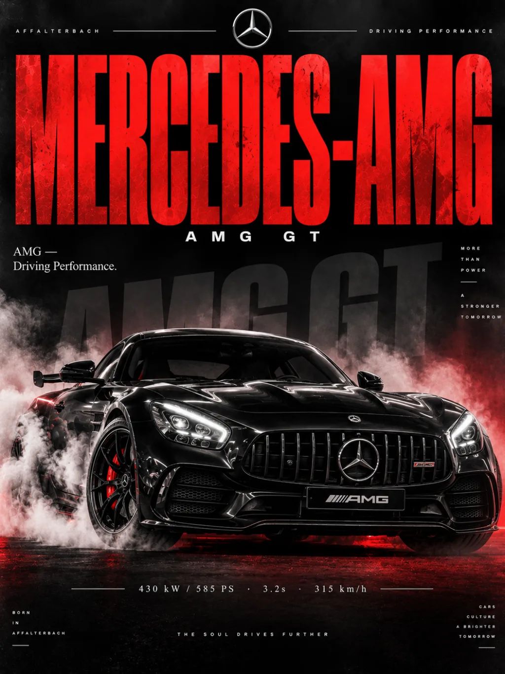 Mercedes-AMG GT — Dramatic Smoke Front Shot — Automotive products AI image prompt example generated with ChatGPT (automotive, poster)