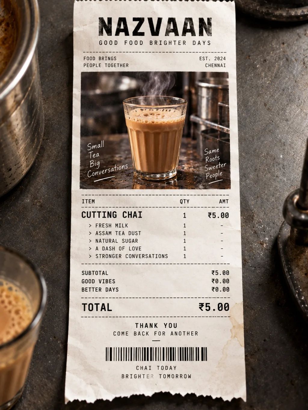 Cutting Chai Thermal Receipt Poster — Graphic & Editorial Design AI image prompt example generated with ChatGPT (receipt paper, cutting chai)