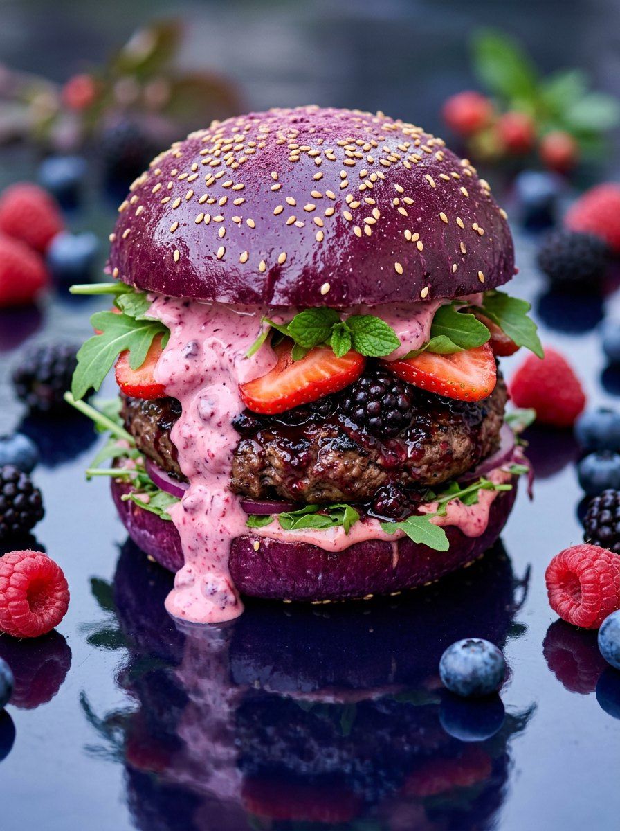 Fantastical Berry Purple Burger — Food & Drink AI image prompt example generated with Gemini (fantasy, vibrant)