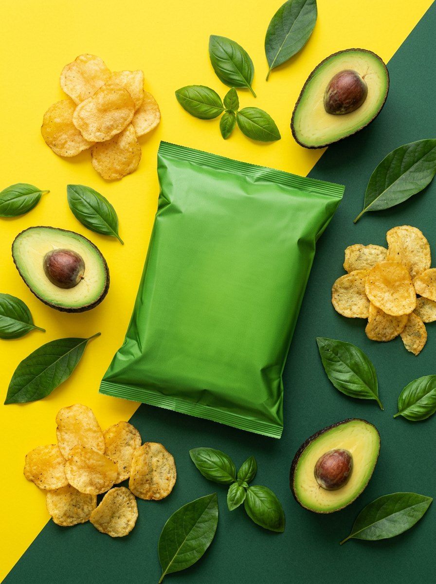Avocado Snack Packaging Flatlay — Packaging AI image prompt example generated with ChatGPT (flatlay, minimalist)