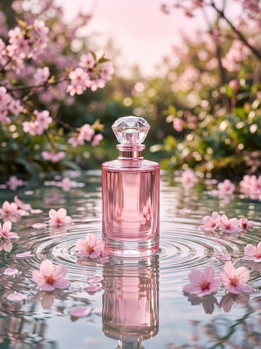 Cherry Blossom Pink Perfume Bottle — Perfume AI image prompt example generated with Nano Banana (macro, floral)
