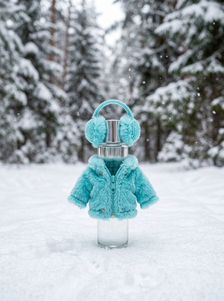 Product in Mini Turquoise Winter Fur — Product AI image prompt example generated with Nano Banana (winter, cosy)