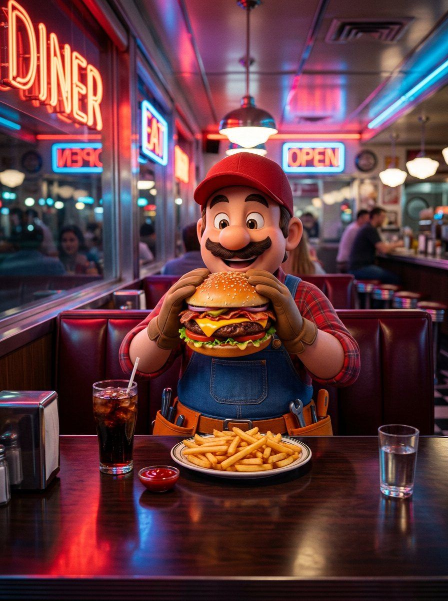 Neon Diner Cartoon Character Feast — Cinematic AI image prompt example generated with ChatGPT (cartoon, neon)