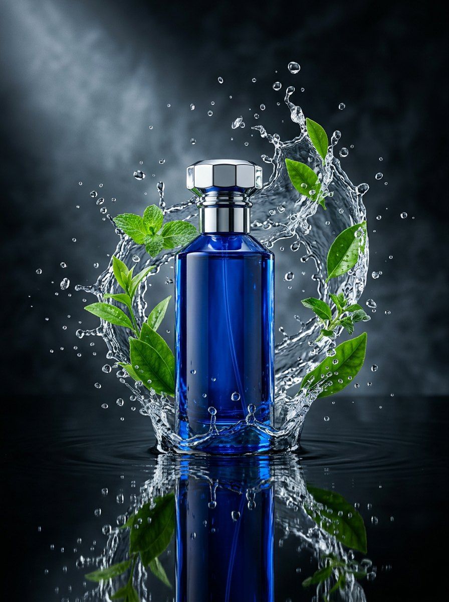 Cobalt Blue Perfume with Circular Water Splash — Perfume AI image prompt example generated with Gemini (perfume, water splash)