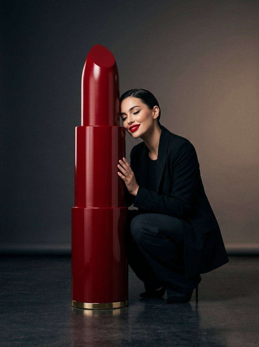 Giant Red Lipstick Beauty Shoot — Beauty AI image prompt example generated with Nano Banana (dramatic, luxury)